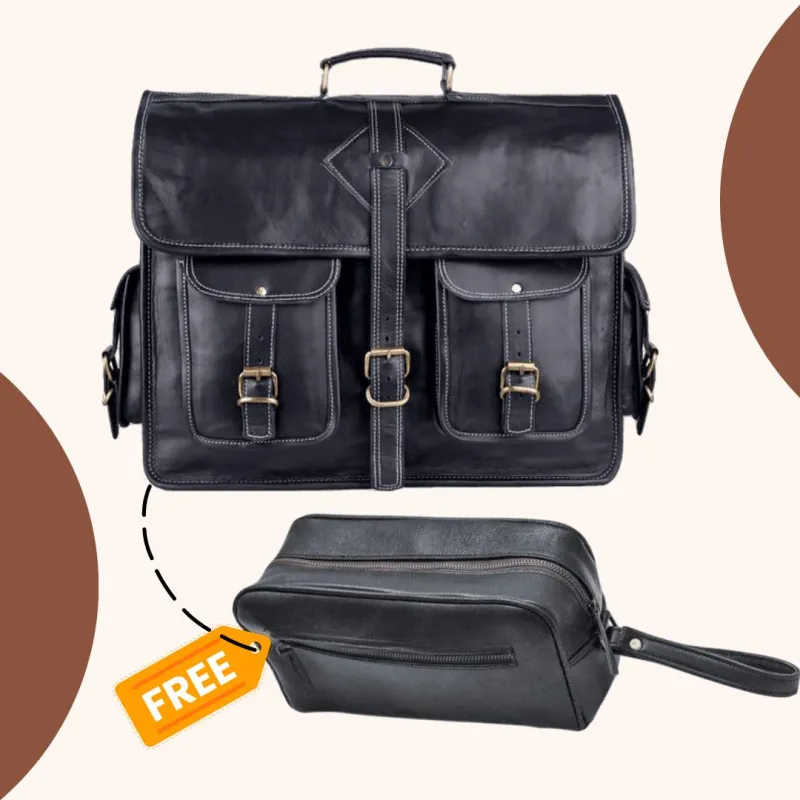 The Retro Black +  FREE Toiletry Bag sold by Classy Leather Bags