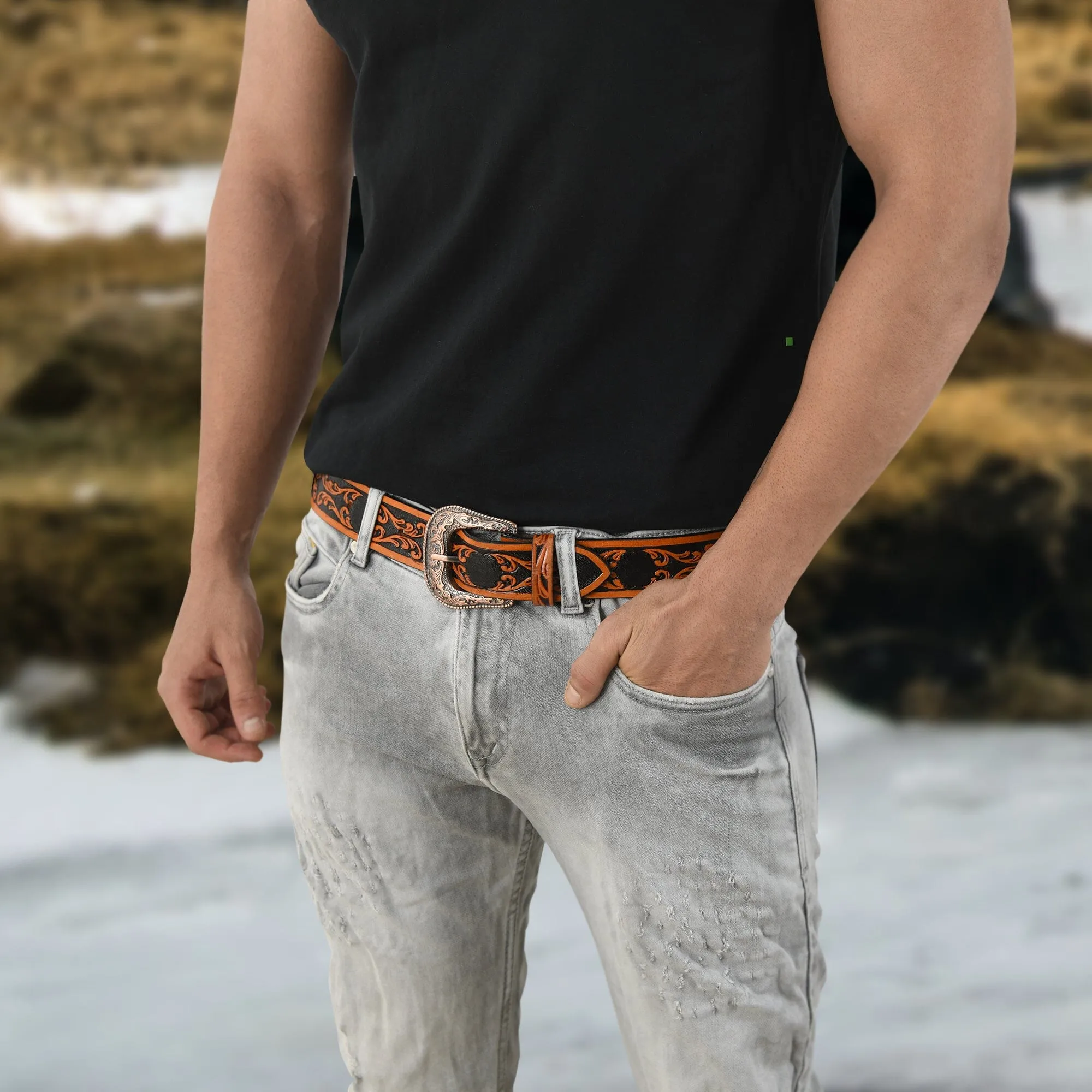 Western Cowboy Leather Belt - Black & Brown sold by Classy Leather Bags product image thumbnail 5