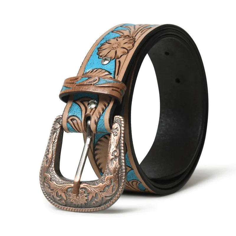 Western Cowboy Leather Belt - Blue & Brown sold by Classy Leather Bags