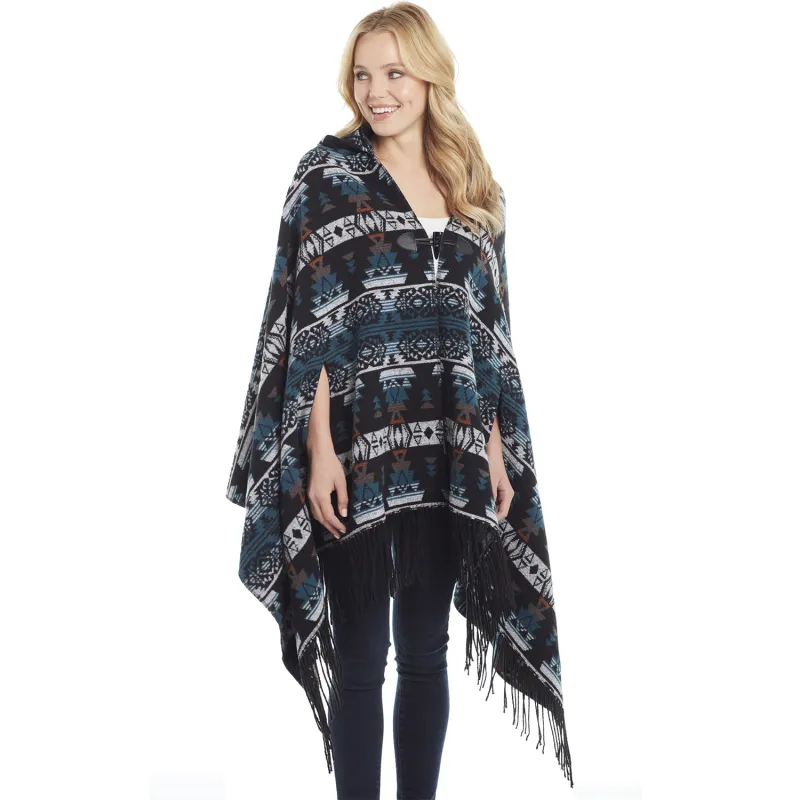 PBR Ladies Hooded Fringe Navajo Poncho - Black sold by PBR