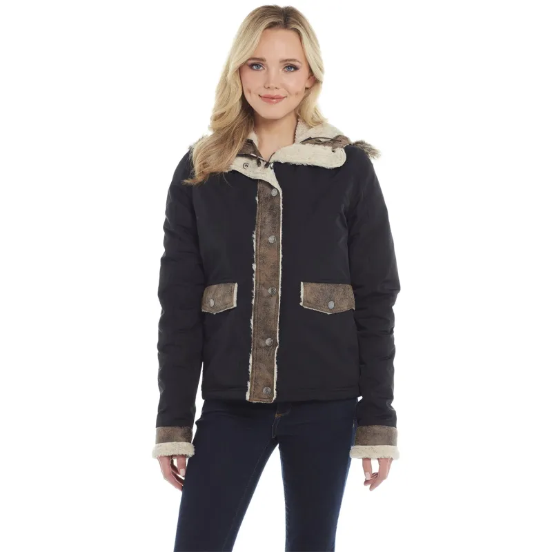 PBR Ladies Faux Shearling Jacket with Rimmed Hood - Black sold by PBR