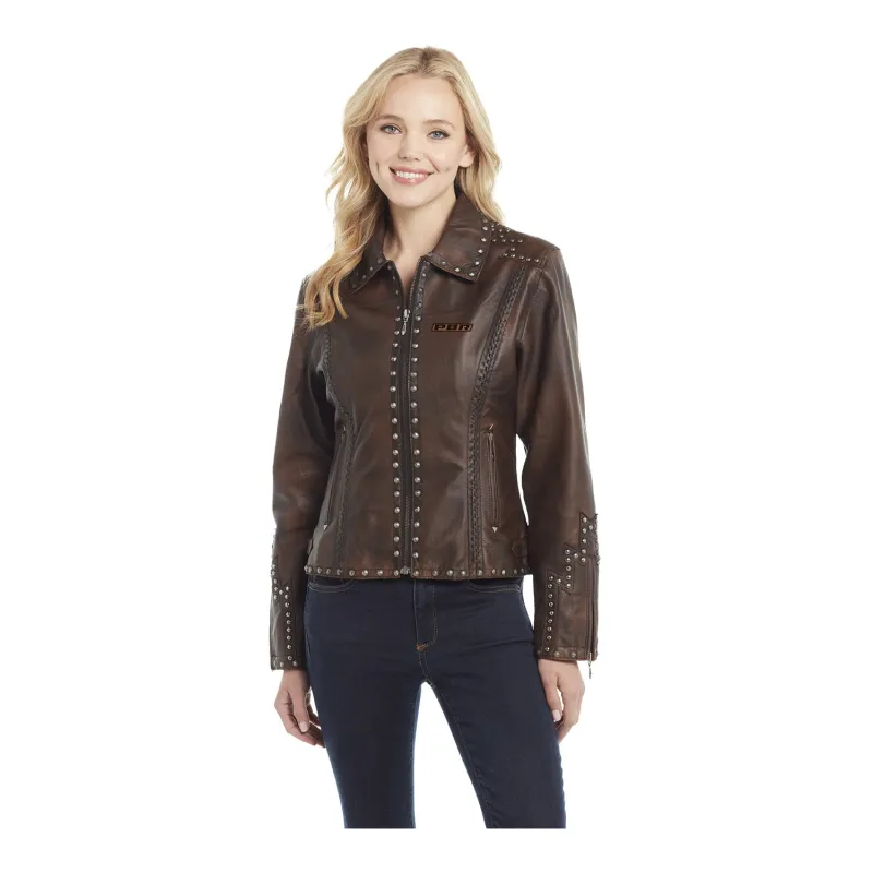 PBR Ladies Hand Laced Leather Studded Jacket - Brown sold by PBR
