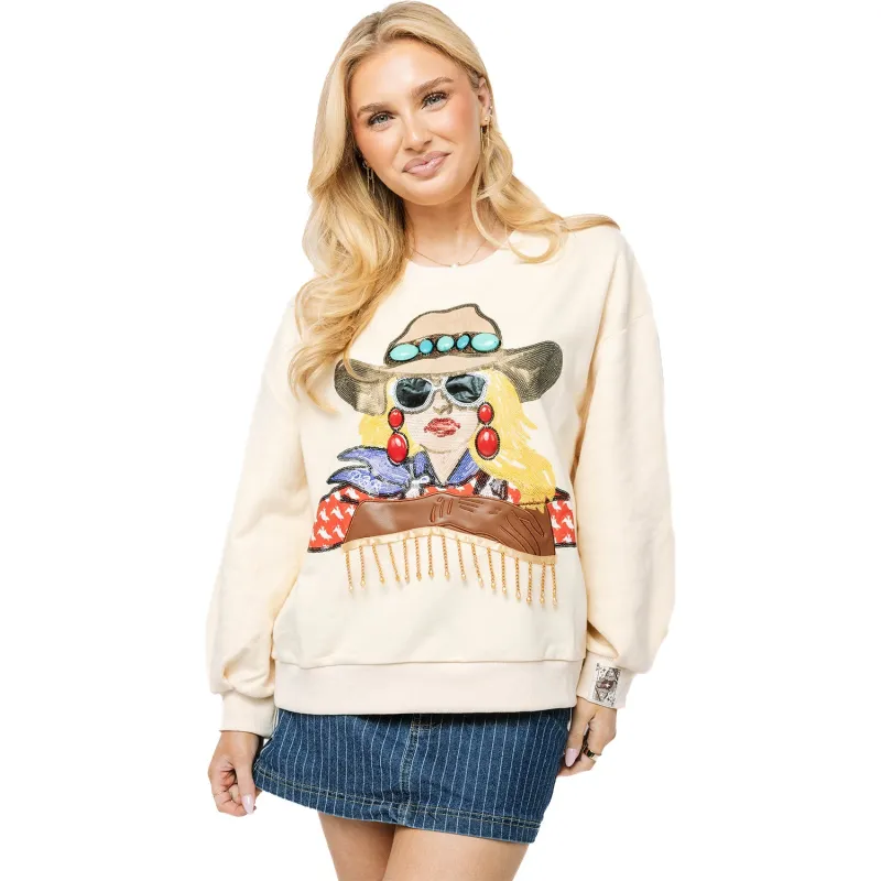 PBR x Queen of Sparkles Cowgirl Glam Crewneck Sweatshirt - Cream made by PBR
