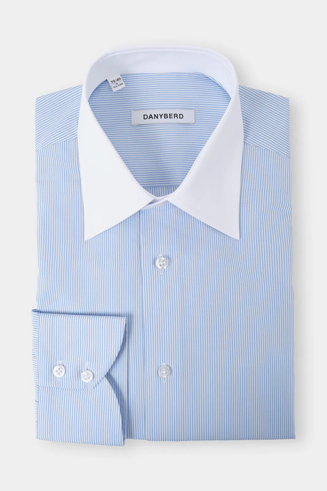 Chemise grand col en pointe - Blanche à rayures bleu ciel sold by Danyberd
