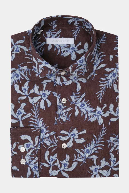 Chemise en lin col français - Marron à fleurs bleues made by Danyberd