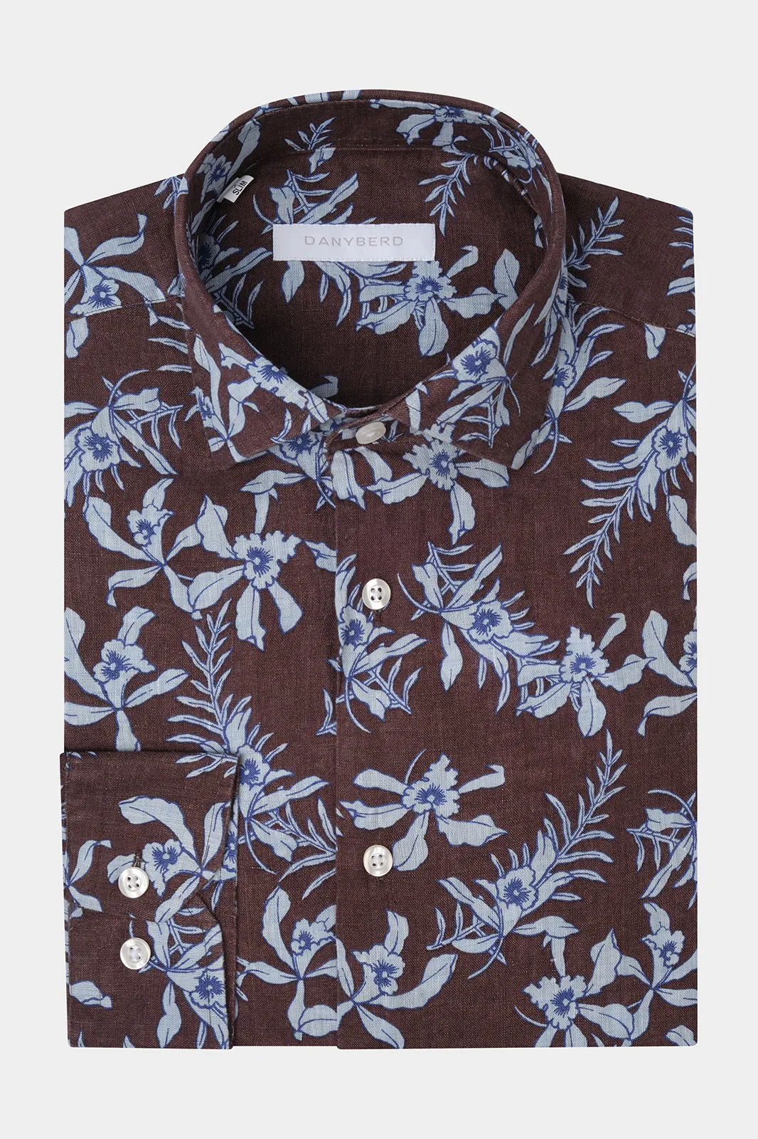 Chemise en lin col français - Marron à fleurs bleues sold by Danyberd