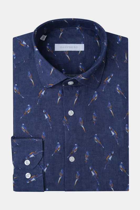 Chemise en lin col français - Marine à motifs perroquets made by Danyberd