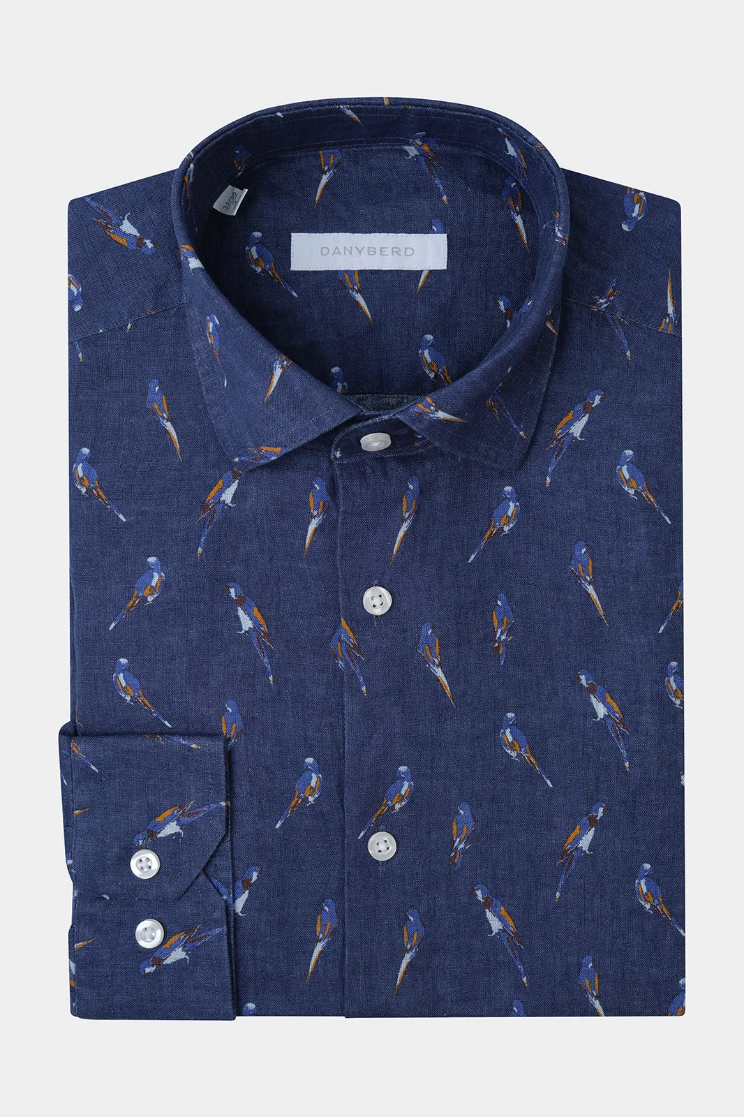 Chemise en lin col français - Marine à motifs perroquets sold by Danyberd