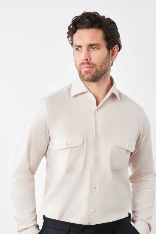 Chemise col français avec poche poitrine à rabat - Beige made by Danyberd