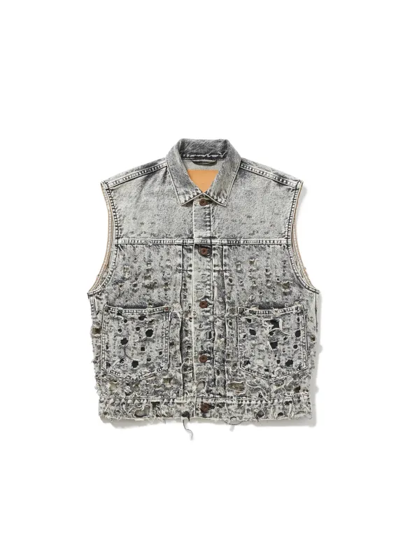 CRASHED BLACK MODERN DENIM VEST made by Sugar Hill Tokyo