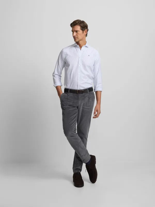 Dark grey corduroy chino sport trousers with pleats sold by Silbon