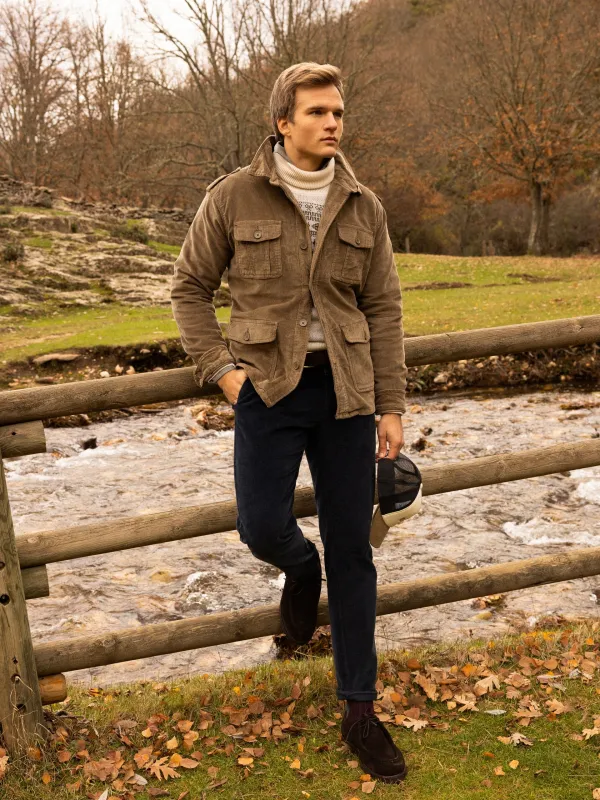 Navy blue corduroy chino sport trousers with pleats sold by Silbon