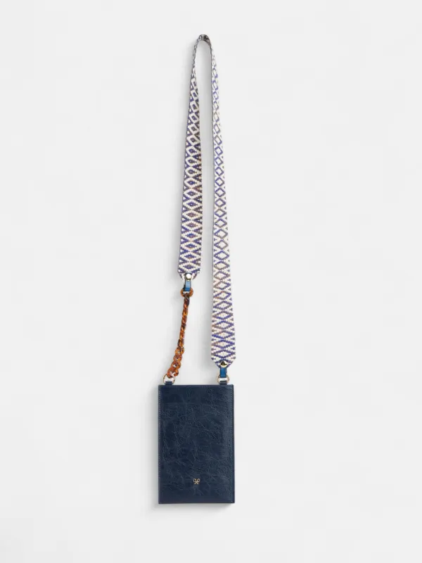 Ethnic rope leather mobile phone holder, navy made by Silbon