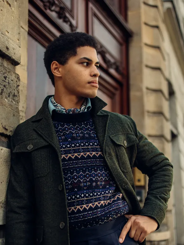 Unique navy blue jacquard sweater sold by Silbon