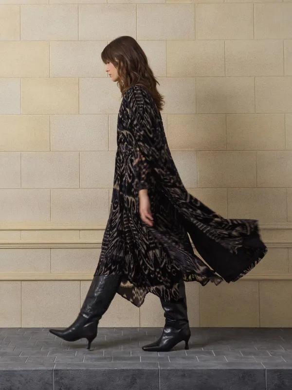 Unique black ikat print kimono sold by Silbon