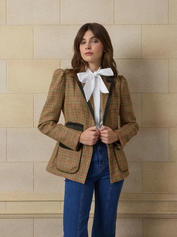 Unique brown plaid puff-sleeve blazer sold by Silbon