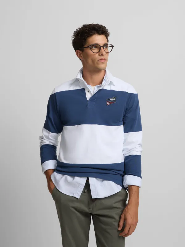 Classic blue striped rugby polo shirt sold by Silbon