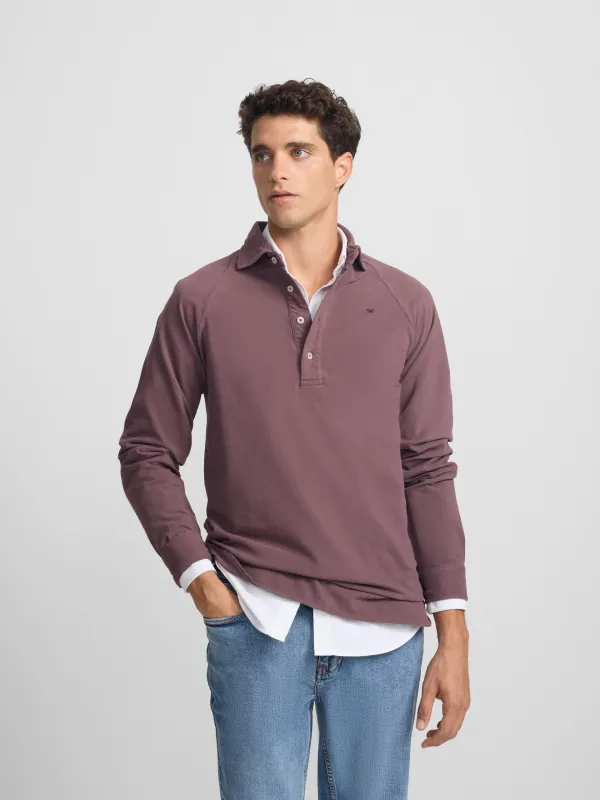 Burgundy raglan long sleeve plain polo shirt sold by Silbon