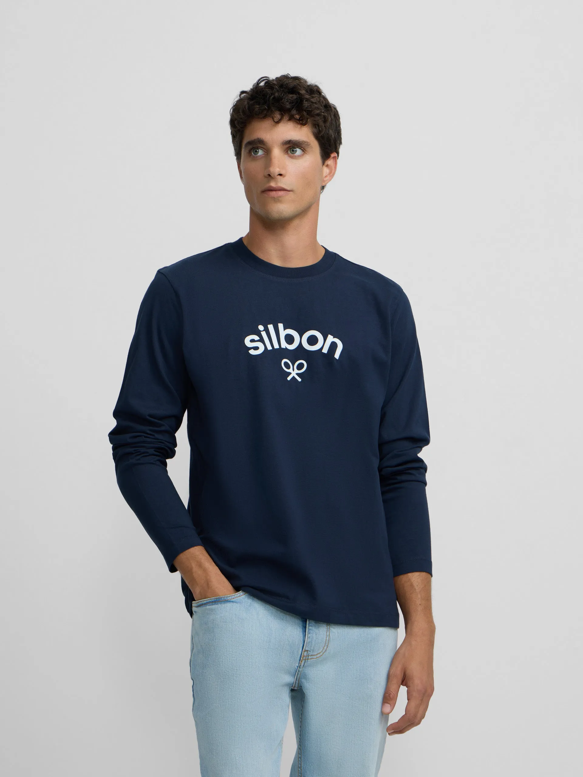 Navy blue long-sleeved T-shirt with medium logo sold by Silbon product image thumbnail 3