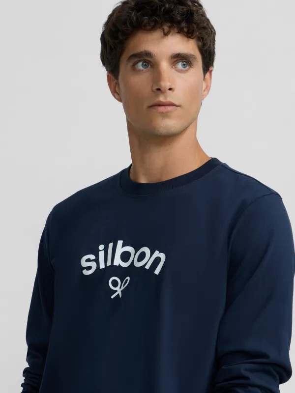 Navy blue long-sleeved T-shirt with medium logo sold by Silbon
