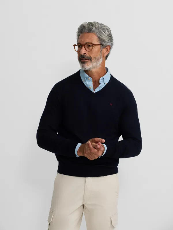 Classic navy blue V-neck sweater sold by Silbon