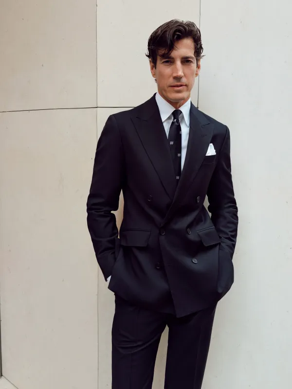 Navy stretch double-breasted suit jacket sold by Silbon