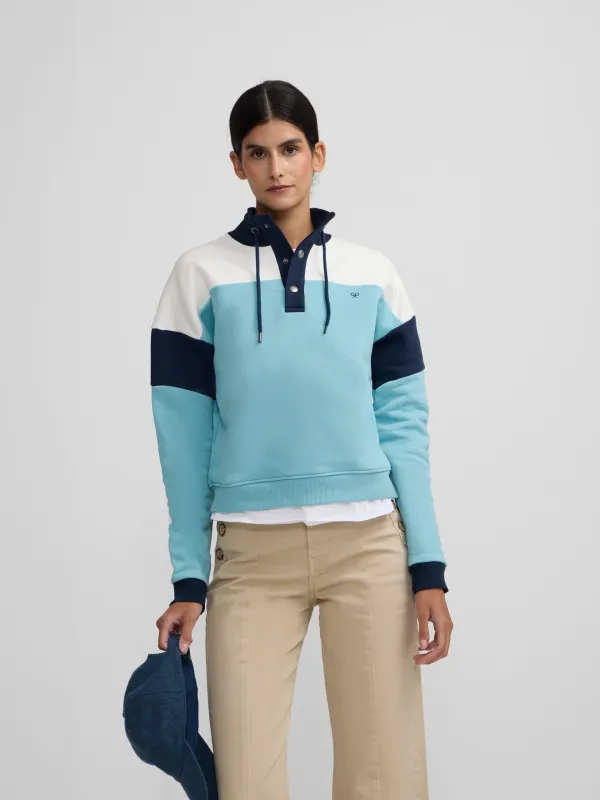 Tricolor women's sweatshirt with blue buttoned collar sold by Silbon