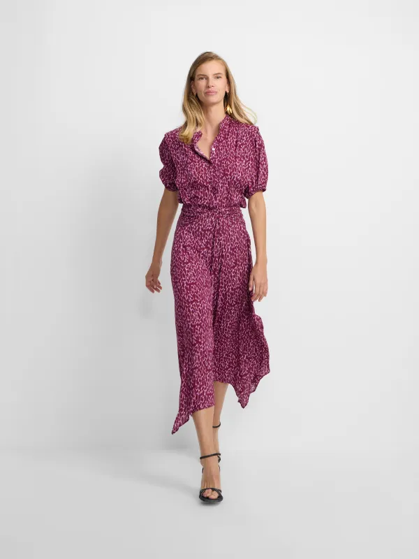 Purple lurex print asymmetrical midi skirt sold by Silbon