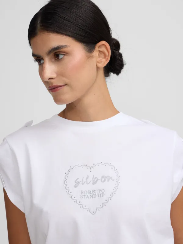Women's white roll-out heart studded t-shirt sold by Silbon