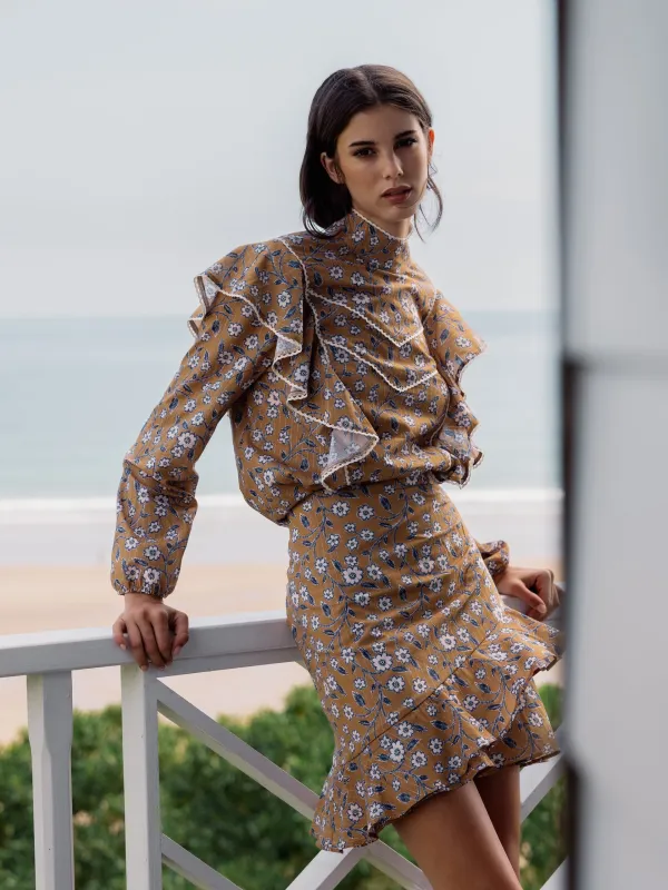 Camel floral print ruffle blouse sold by Silbon