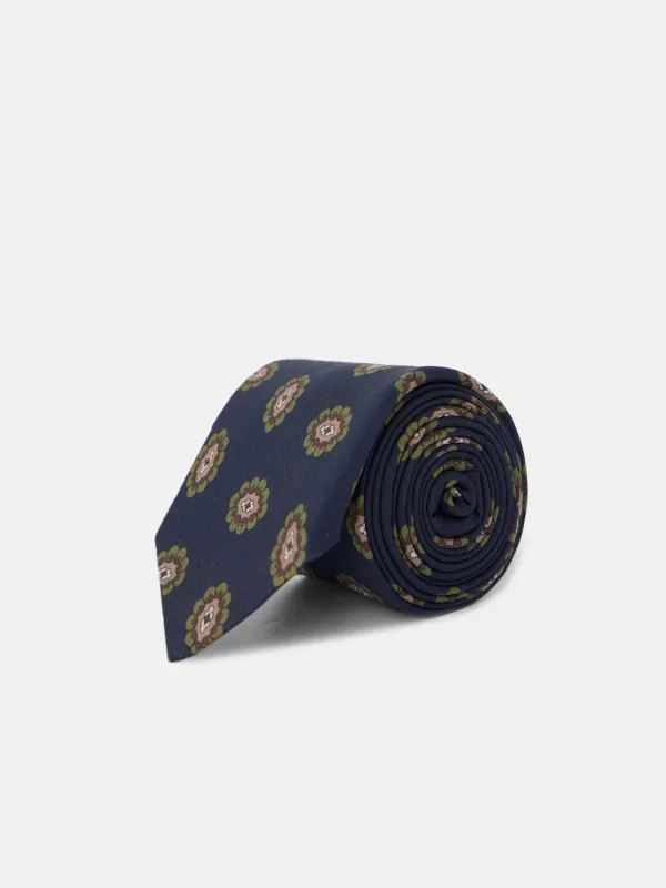 Navy blue medallion tie made by Silbon
