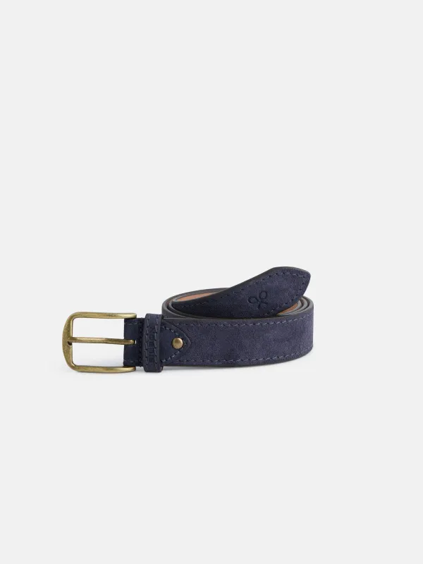 Suede leather belt with indigo blue stitching sold by Silbon