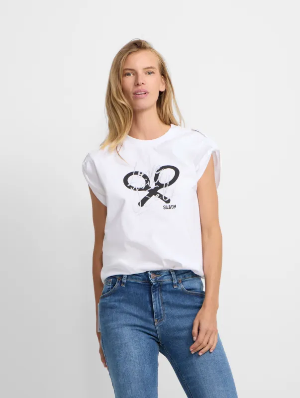 Women's white roll out sleeve t-shirt sold by Silbon