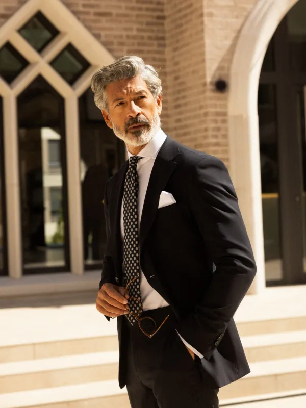 Natural stretch dark navy suit jacket sold by Silbon