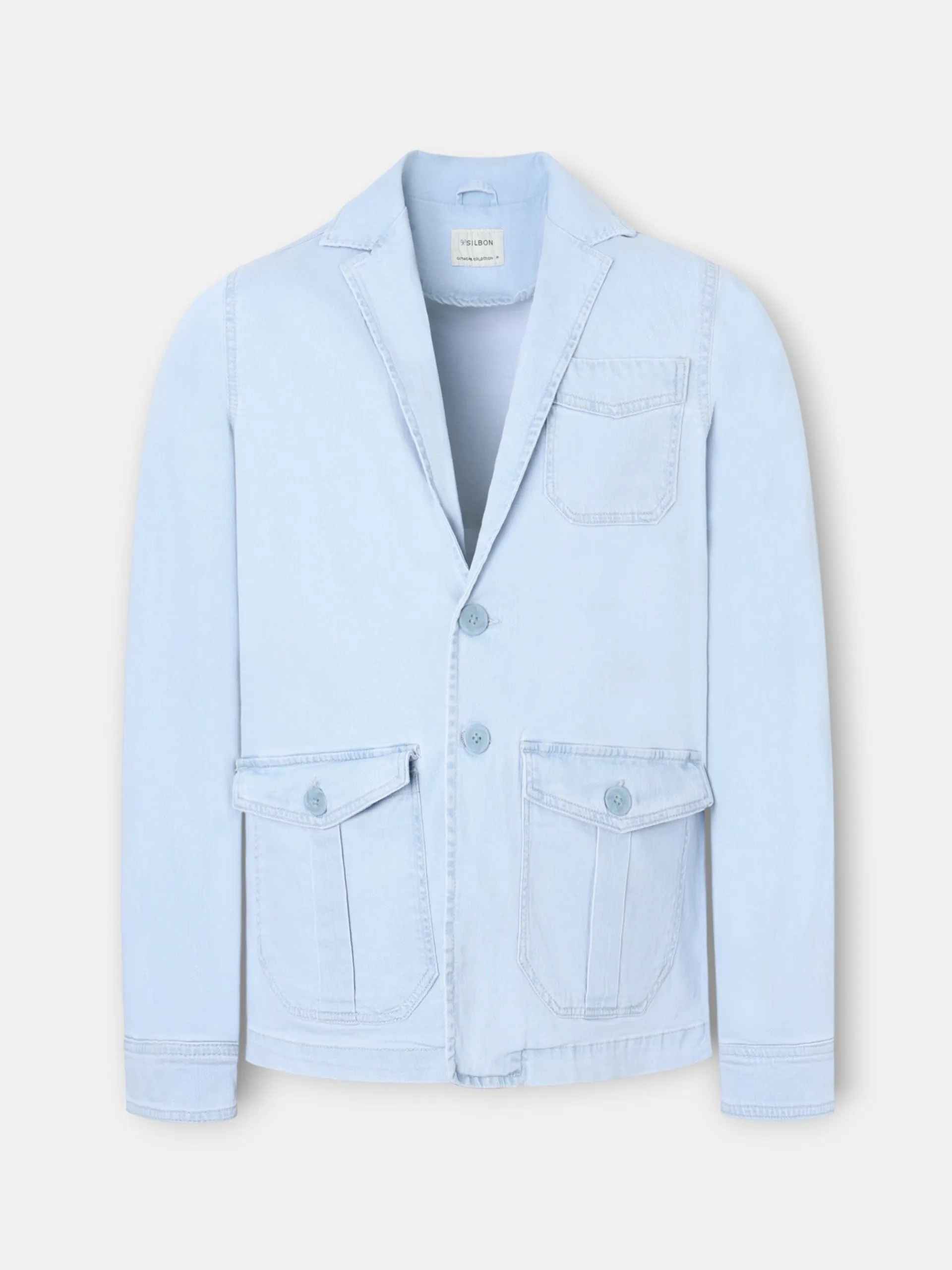 Light blue denim semi-blazer with pockets sold by Silbon