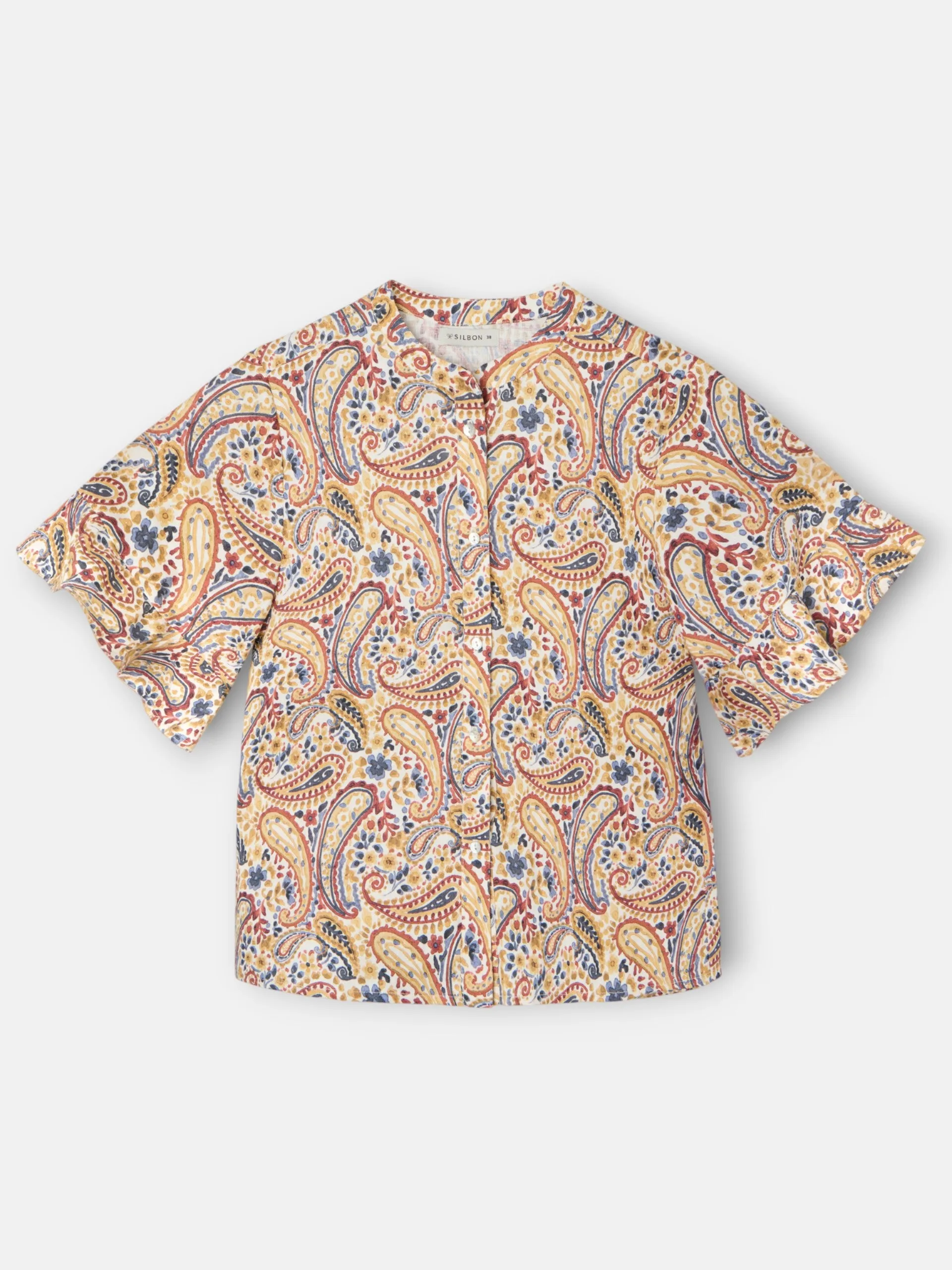 Blouse with ruffled sleeves and orange print sold by Silbon