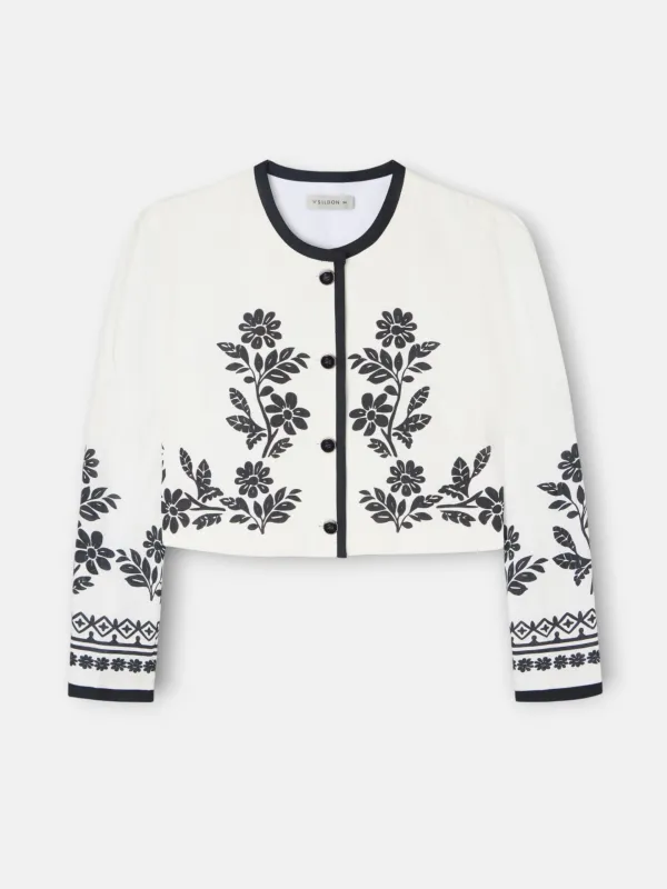 White printed linen short jacket made by Silbon
