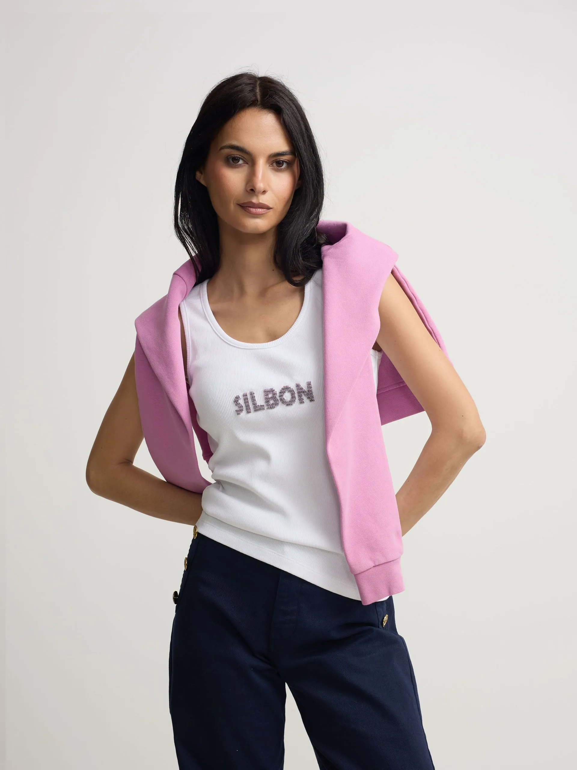 Women's white tank top with Silbon appliqués sold by Silbon