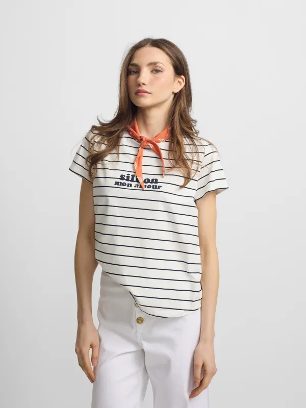 Women's T-shirt with Silbon bandana appliqué blue sold by Silbon