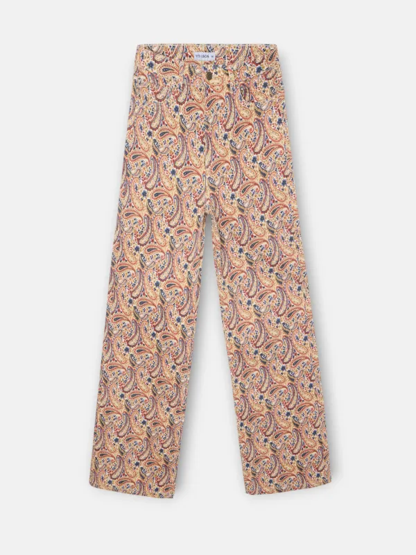 Orange paisley print denim pants sold by Silbon