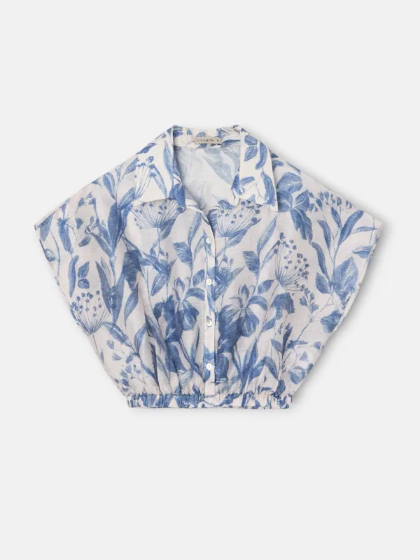 Blue flower print short blouse sold by Silbon