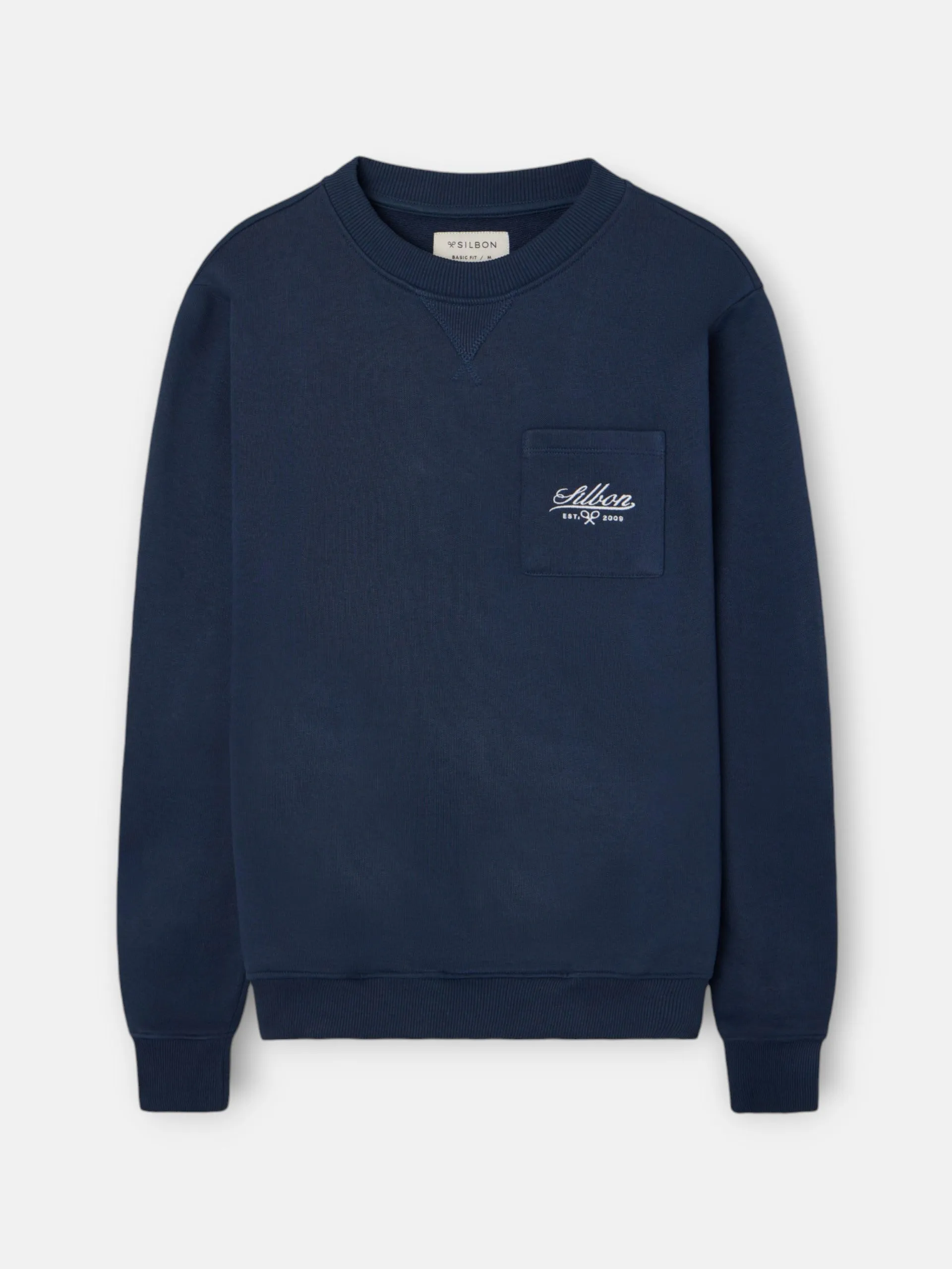Navy blue sweatshirt with embroidered pocket sold by Silbon
