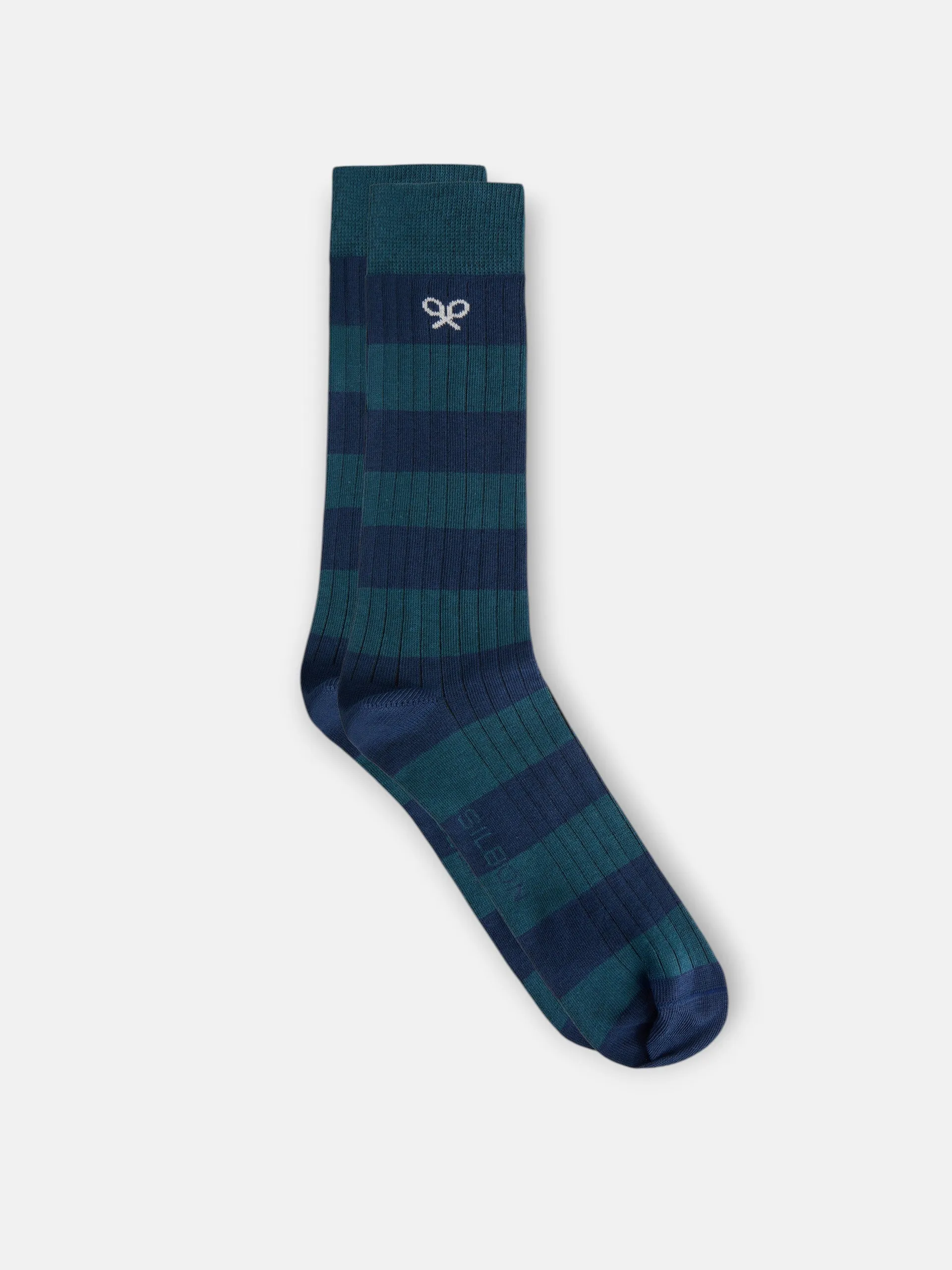 Two-tone blue wide striped sock sold by Silbon