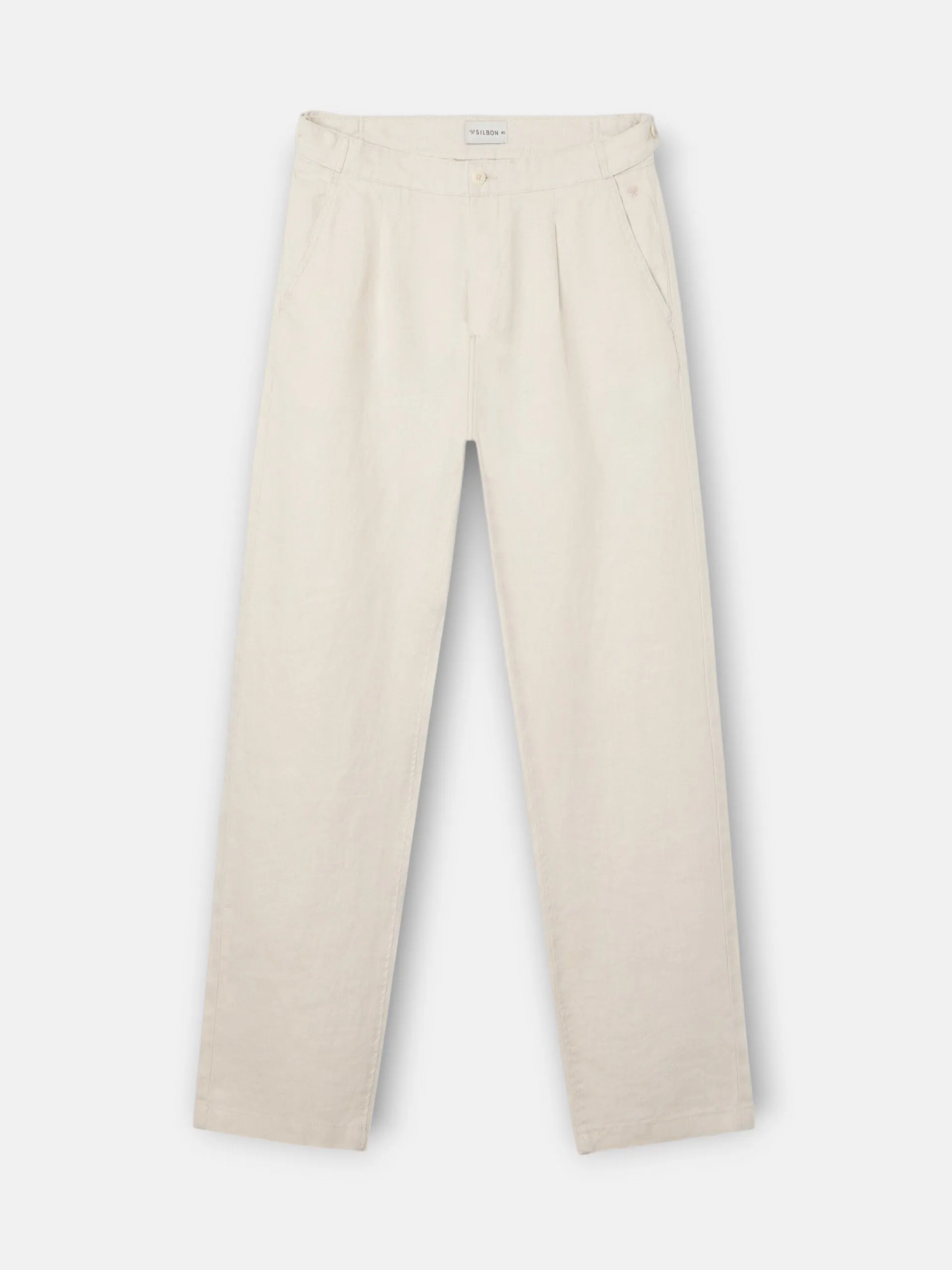 Beige linen pleated sport trousers sold by Silbon