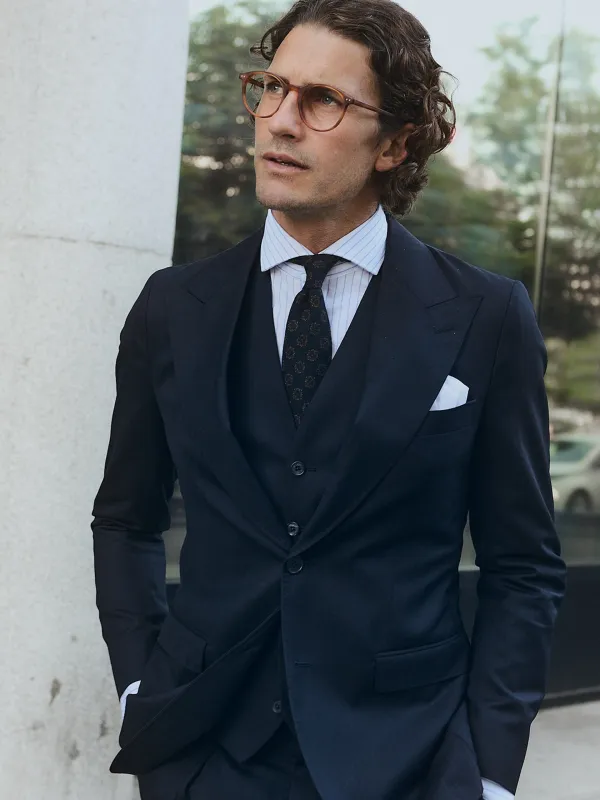 Straight herringbone navy blue suit vest made by Silbon