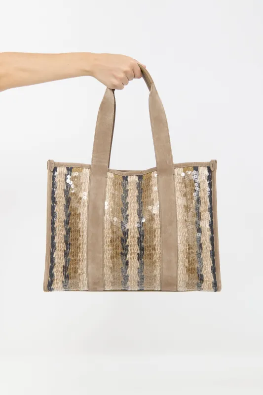 Suede & Sequin Glamour Stripe Tote Bag made by Brunello Cucinelli