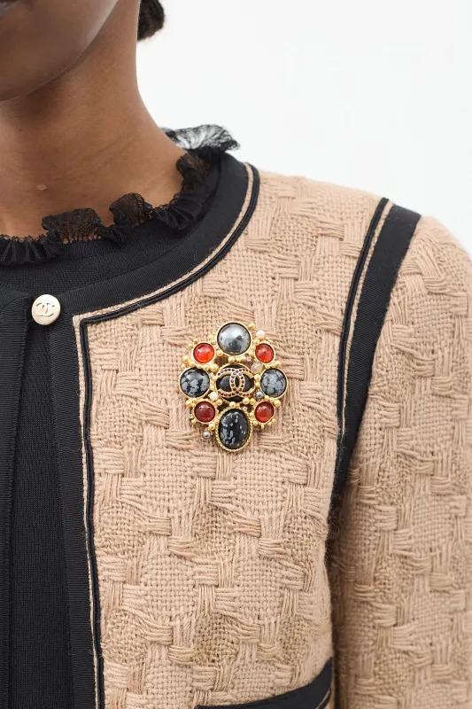FW 2001 Gold & Multi Stone Embellished CC Brooch made by Chanel