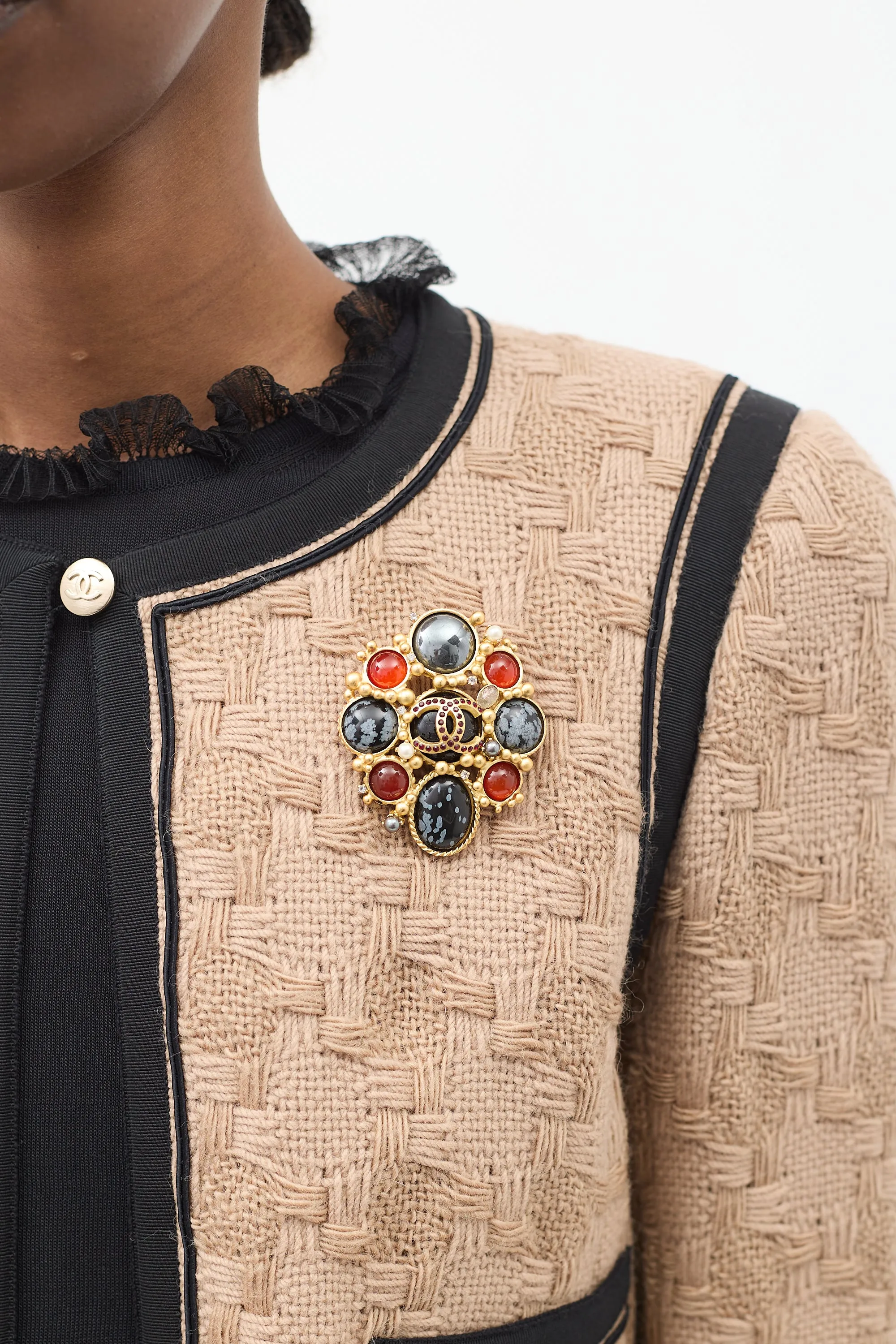 FW 2001 Gold & Multi Stone Embellished CC Brooch sold by VSP Consignment