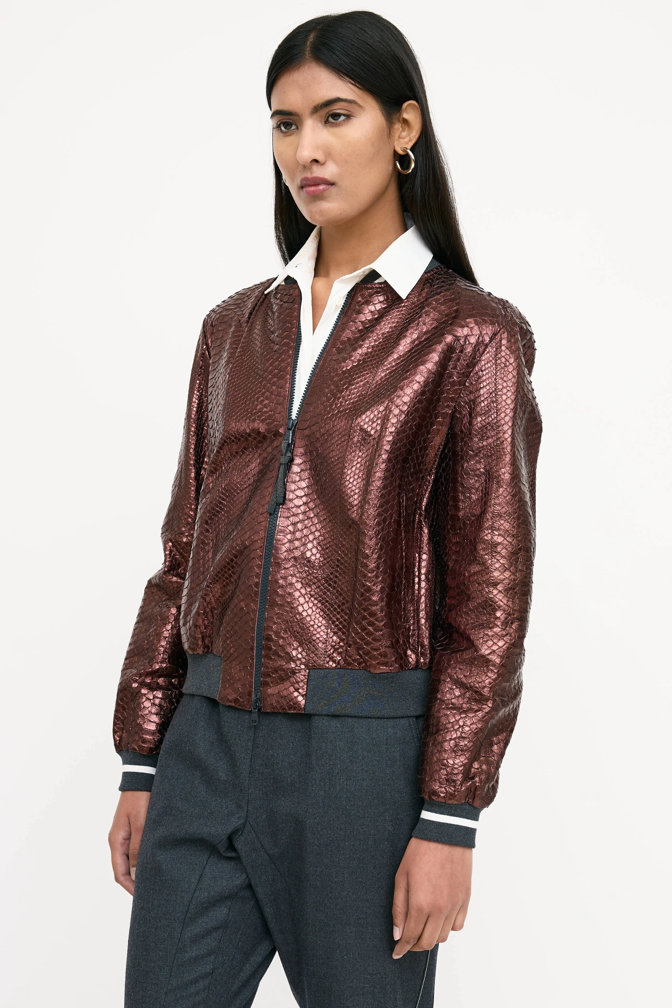 Textured Leather Bomber Jacket sold by VSP Consignment product image thumbnail 3