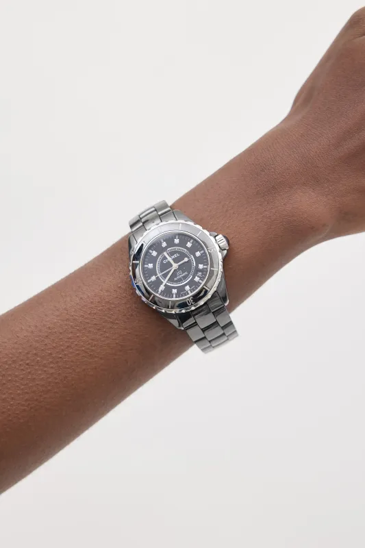 Black Steel & Diamond J12 38mm Watch made by Chanel